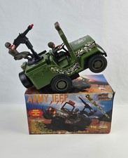 Vintage Battery Operated Toy Army Jeep w/ Box Drives, Lights, Loud Shoot Sound