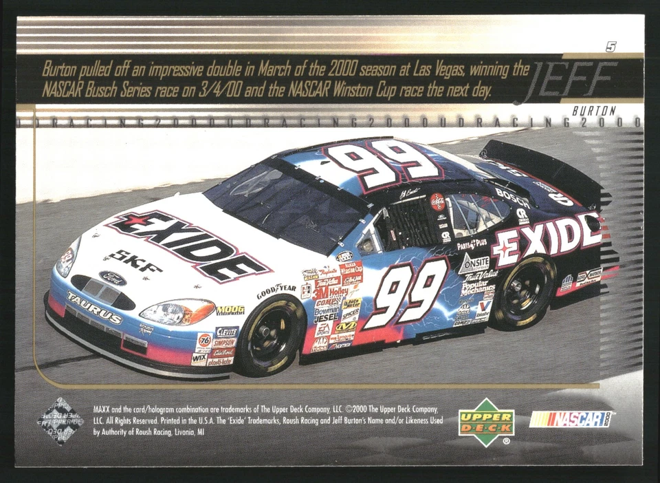 Jeff Burton 2000 Upper Deck Racing #5 Roush Racing - Image 2 of 2