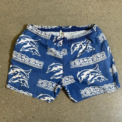 VTG Rum Reggae Dolphin Shorts 90s Blue Surf Swim Trunks XL 100% Cotton