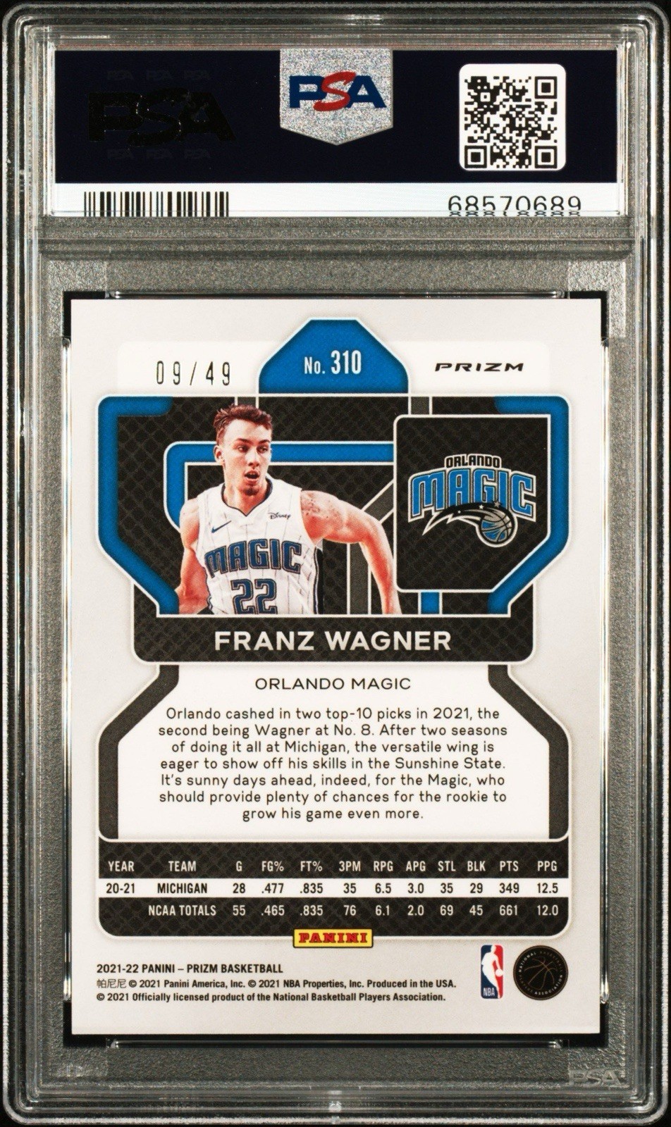 2021-22 Panini Prizm Franz Wagner Rookie /49 Orange RC #310 PSA 10 view 2