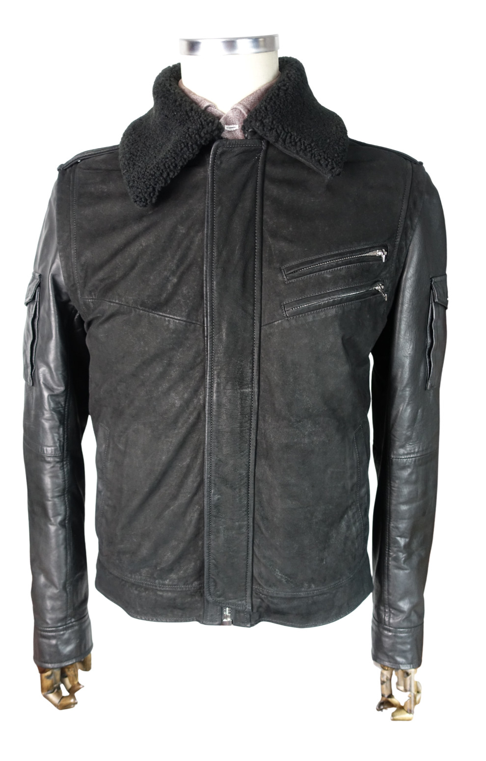 £1300 HUGO BOSS MOST RECENT AVIATOR L REAL SHEARLING COLLAR BOMBER JACKET LARGE