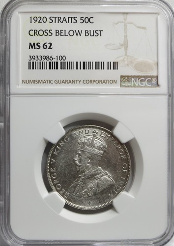 STRAITS SETTLEMENTS Malaysia Britain 50 Cents 1920 NGC MS 62 UNC Cross Silver - Afbeelding 3 van 8