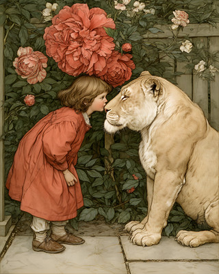 8x10 Cozy Storybook Little Girl Kissing White Tiger Art Print - 370853493