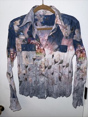 Peppe Peluso Italy LARGE Crinkle Colorful Tie-Dye Stars Floral Button Blouse VTG