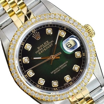 Rolex Datejust Gold & Steel Green Diamond Dial & Bezel 36mm Jubilee Watch 16233