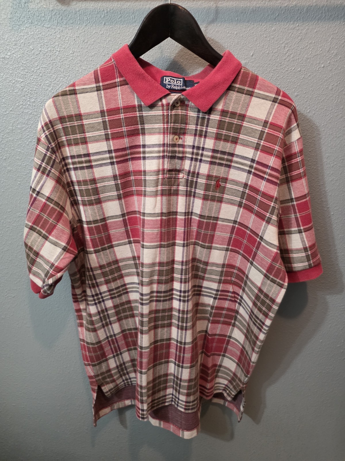 Vintage Polo Ralph Lauren Plaid T Shirt Sz XL Red Tan Purple TartanMade in USA