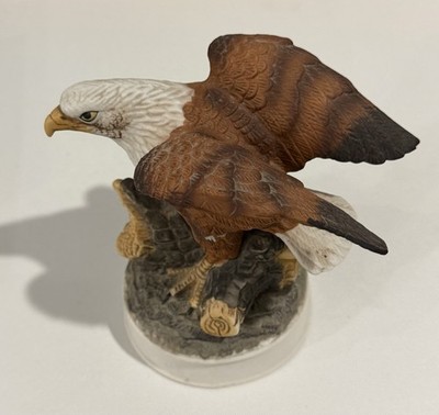 Eagle Bird Figurine Sculpture Brown & White on Rock Base Decorative Figurine