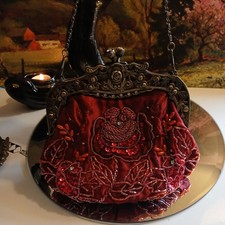 Victorian 1800's Style Red Velvet Beaded Purse