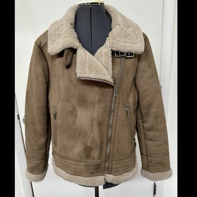 NEW ZARA OUTERWEAR TAN FAUX SUEDE MOTO JACKET SHEARLING LINED