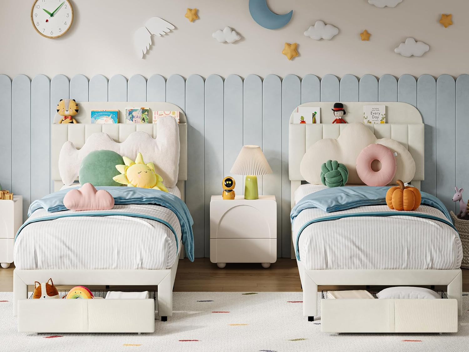 Set For Kids With Storage Drawer & Bookcase Headboard, Cream