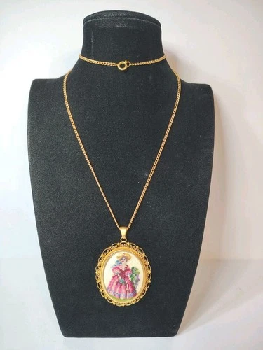 Vintage Costume Jewelry AUSTRIA Oval Petit Point Needlepoint Pendant