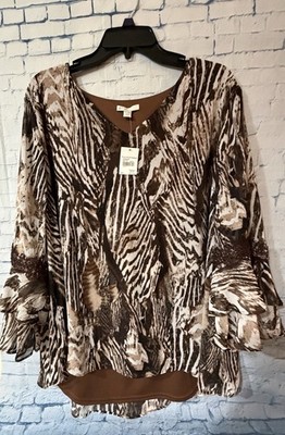 Women s Plus 18/20W Cato EST. 1946 Shirt Brown w Animal Print Overlay 3/4 Sleeve