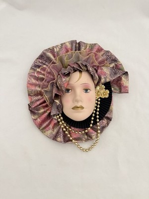 Vintage Art Nouveau Clay Mask Face Purple Brocade Woman  Lady Mask Wall Hanging