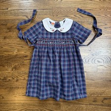 Vintage 90  s Girls McKids Classic Navy Plaid Smocked Peter Pan Collar Dress 4T