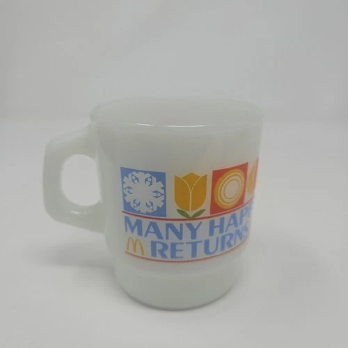Vintage 1982 McDonalds Milk Glass Coffee Mug Many Happy Returns - Anchor Hocking
