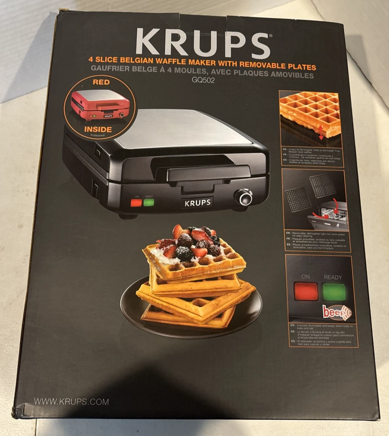 KRUPS 4-Slice Belgian Waffle Maker: Stainless Steel, 5 Browning Levels, 1200W
