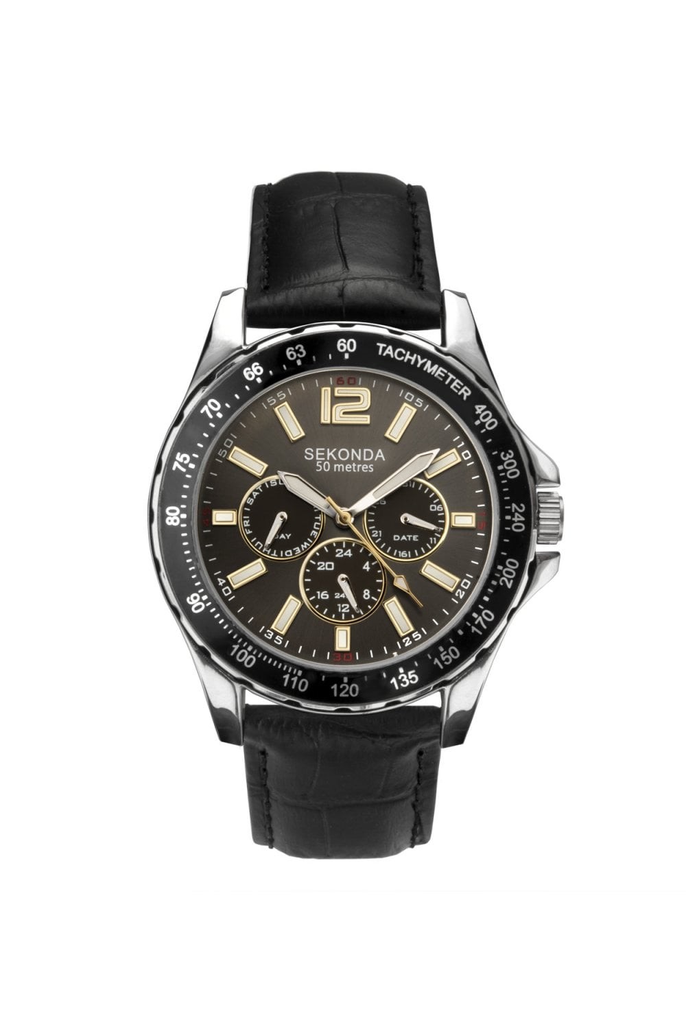 Sekonda Gents Black Leather Strap 44mm Sports Watch 1917