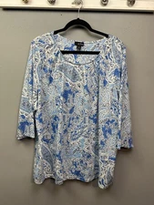 Erika Shirt Womens 2X Blue White Paisley Print Tunic 3/4 Sleeve Embellished Top