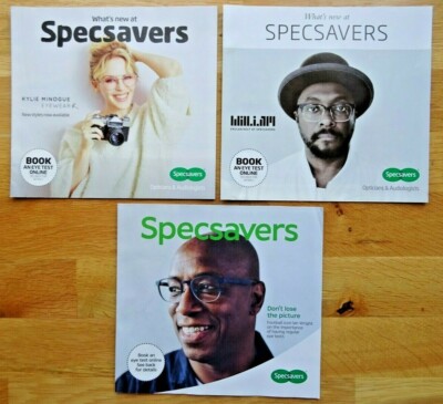 3 Specsavers Advertising Leaflets - Kylie Minogue Will.i.am & Ian Wright