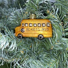Vintage Hand Painted Blown Glass Christmas Ornament - Little Yellow School Bus