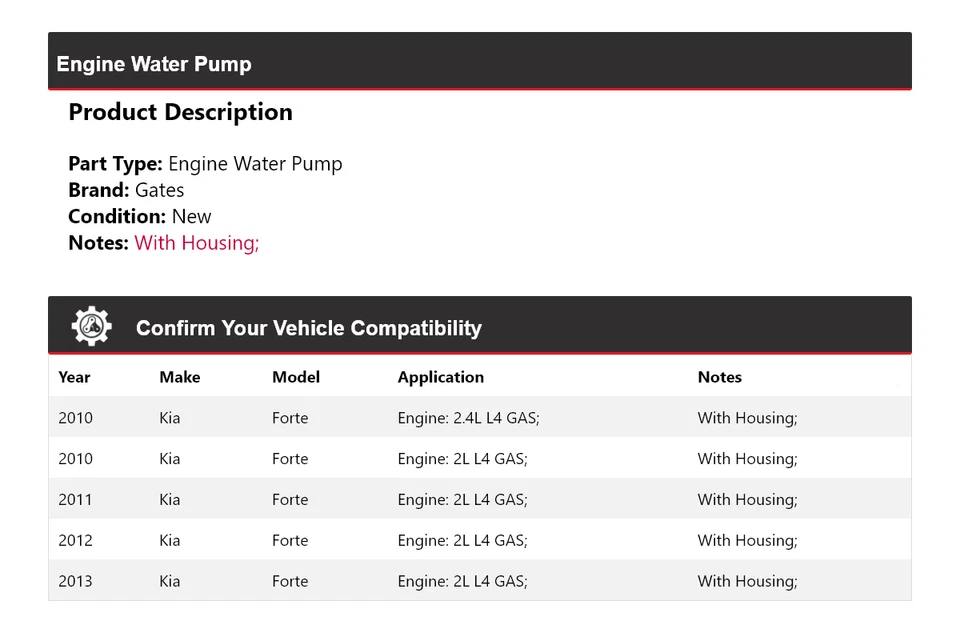 Puertas de bomba de agua para motor Kia Forte 2010-2013 2011 2012 Foto 2 de 4
