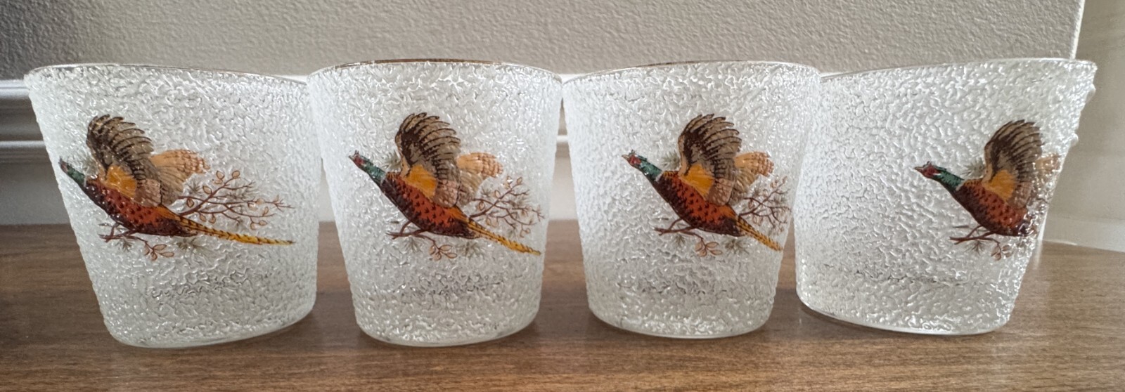 4 Vintage West Virginia Glass Pebble Frosted Pheasant Bird Old Fashioned Glasses