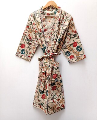 Indian Cotton Robe Long Kimono Sleepwear Beige Floral Printed Night Kimono Robe