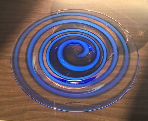 Poland Hand Blown Art Glass Thick Platter Plate Bowl 12" Blue Clear Spiral NICE! - Picture 11 of 17