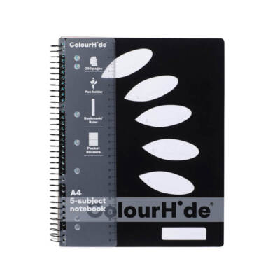 Colourhide 5 Subject Notebook A4 Polypropylene Hard Cover Black 250 Pages