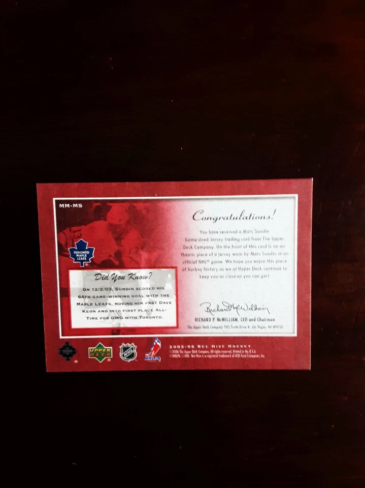 Mats Sundin   Matted Materials Game Jersey   2005 Bee Hive Hockey   Hall of Fame - Image 2 of 2