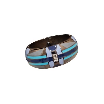 Women's Statement Gunmetal Blue Enamel Crystal Wide Bangle Bracelet NWOT