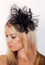 Fascinator Hat Clip On Black Organza Loops Dotted Netting W/ Feathers & Beads  