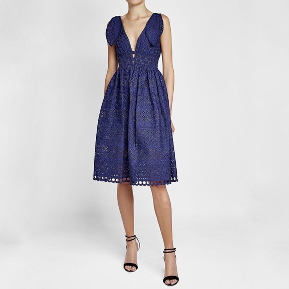 Self Portrait Navy Blue Broderie Anglaise Dress tie shoulder