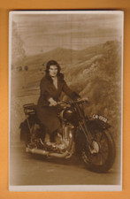 Motorcycle- Woman on Coventry Eagle Motorcycle.  Blackpool  Studio  Postcard