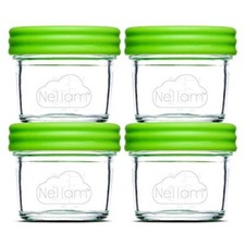Glass Baby Food Storage Containers, set of 4/ 4 oz with Green lid