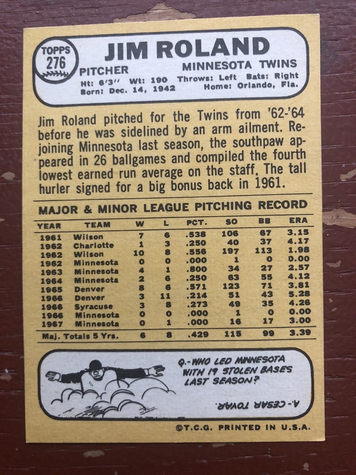 1968 Topps #276 Jim Roland, Excellent Condition | eBay
