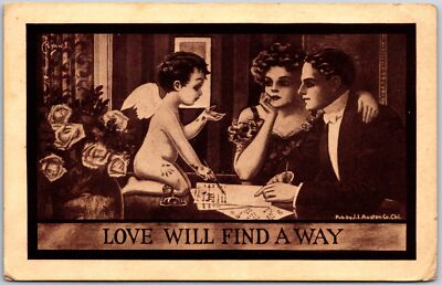 Love Will Find A Way, 1912 Sweet Couple Lovers and Little Angel, Postcard
