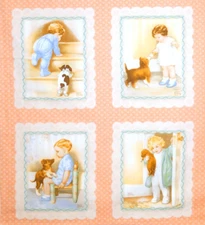 Bessie Pease Gutmann 100% Cotton Craft Sewing Panel, 4 Quilt Blocks + Extras