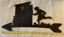 Antique Metal Cut Outhouse Arrow Girl Running Folk Art Primitive Americana 21x13