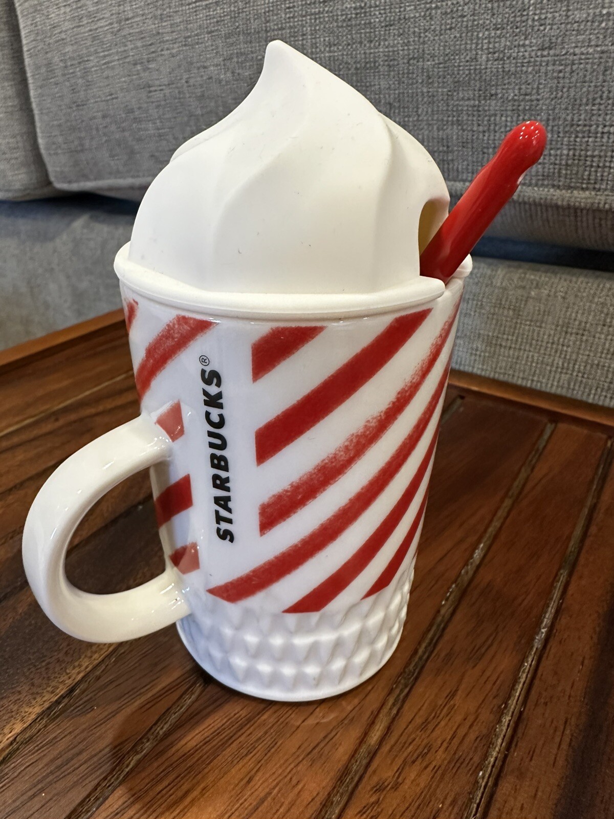 Starbucks 2016 Red White Stripe Mug with Silicone Whipped Cream Top & Red Spoon
