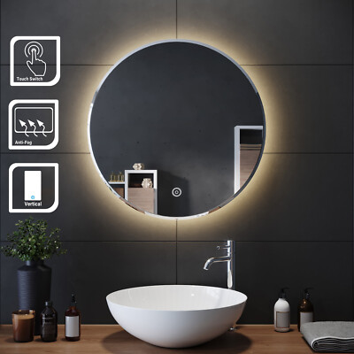Round LED Bathroom Mirror Backlit Lights Illuminated Demister Wall ...