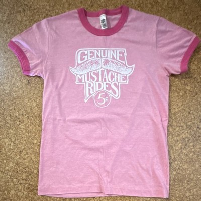 American Apparel Girls Pink Ringer T-Shirt Mustache Graphic Print Crew Neck M/OS