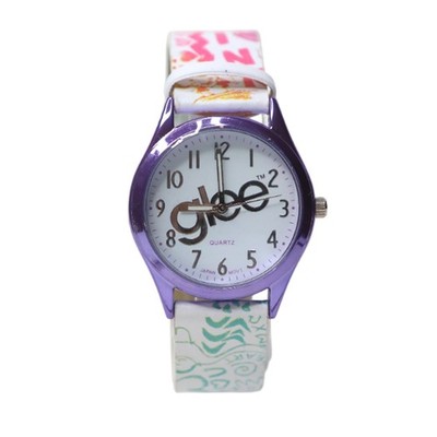 Glee TV Show Wristwatch Quartz Analog Watch w/ Vegan Leather Band White Purple
