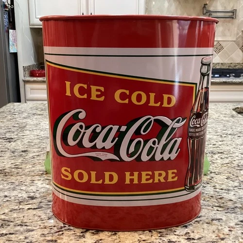 Vintage 1990 Shadle Enterprises  Ice Cold Coca Cola Sold Here Tin Trash Can NICE