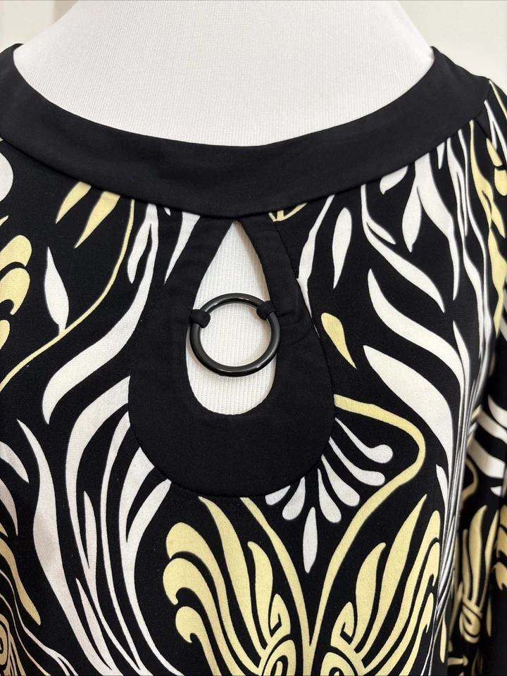 Apostrophe女式束腰上衣大号黑色/黄色/白色印花铃铛长袖 — 第 2/4 张图片