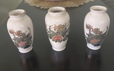 Vintage Asian porcelain vase set of 3 - peacock & floral crackle glaze Bud Vases