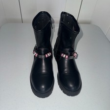 Bebe Girls Black Mid-Calf Bootie Beaded Buckle Zip Closure Size 2