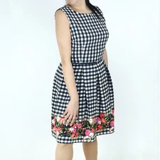 R&K (Women's 10) Black and White Checkered Gingham Retro Dress with Floral Hem