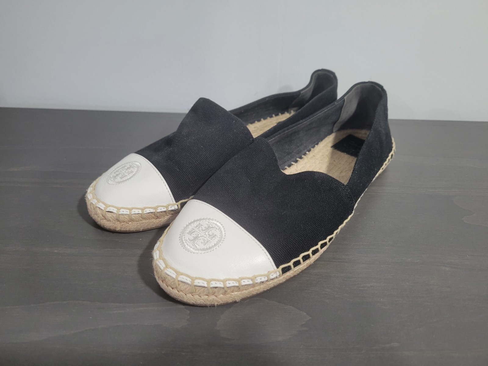 Tory Burch (86325) Recycled Canvas Black White Color Block Flat Espadrille Shoes