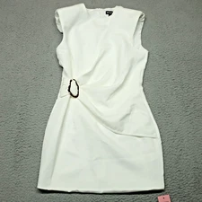 Pretty Little Thing Dress 6 White Almond Woven Ruched Trim Detail Mini New NWT